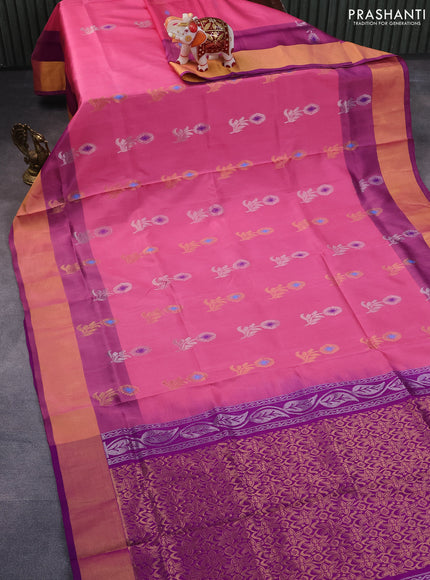 Pure uppada silk saree pink and purple with silver & gold zari woven buttas and zari woven border