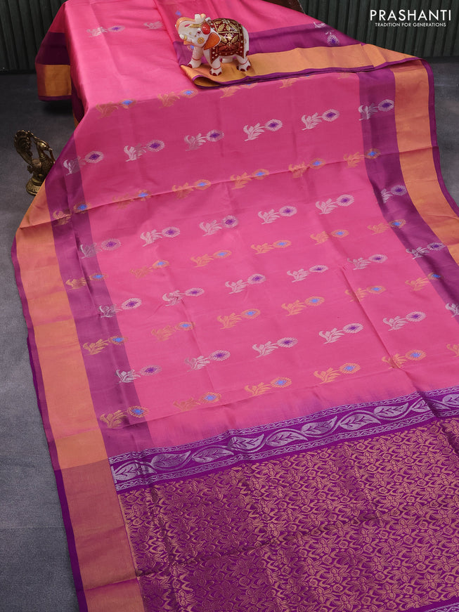 Pure uppada silk saree pink and purple with silver & gold zari woven buttas and zari woven border