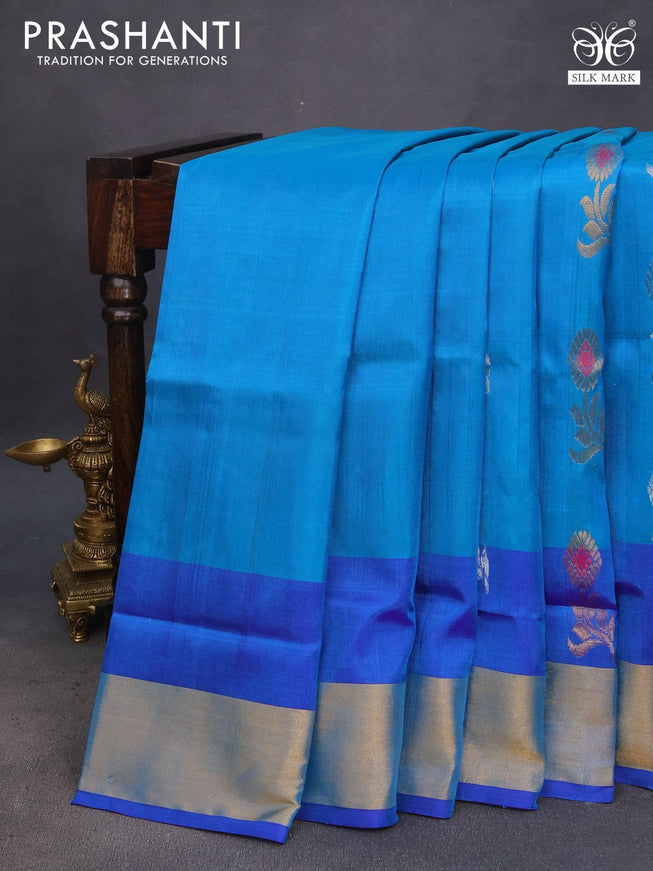 Pure uppada silk saree cs blue and blue with silver & gold zari woven buttas and zari woven border