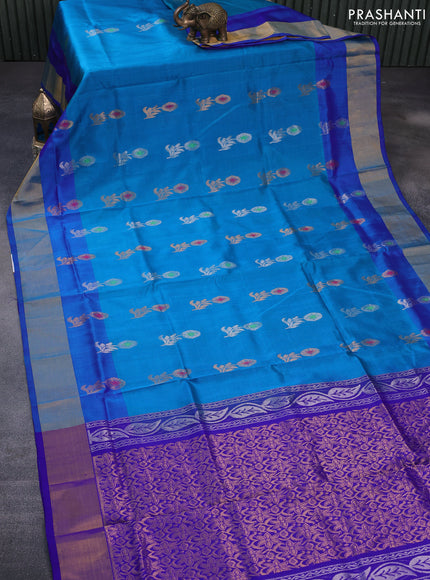 Pure uppada silk saree cs blue and blue with silver & gold zari woven buttas and zari woven border