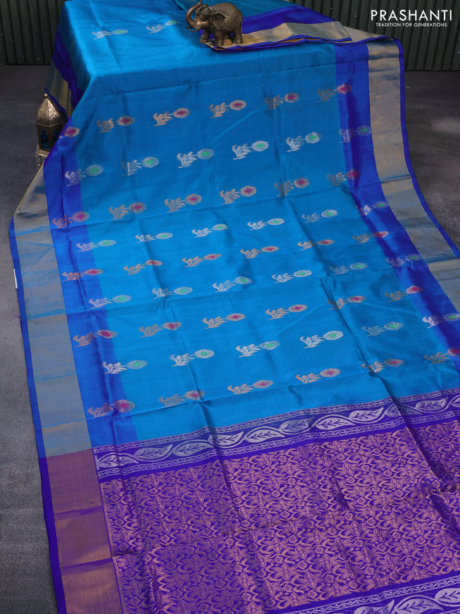 Pure uppada silk saree cs blue and blue with silver & gold zari woven buttas and zari woven border