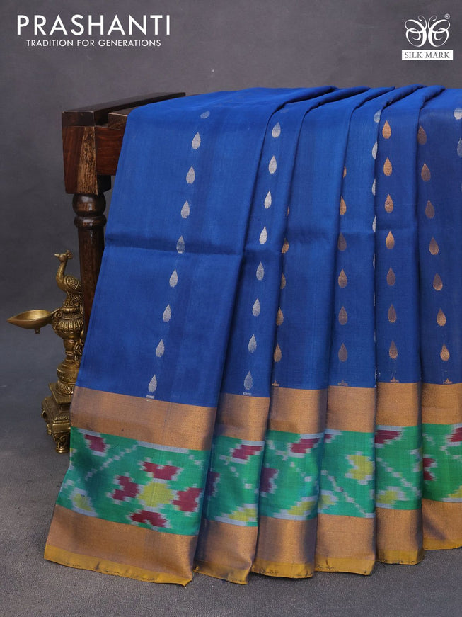 Pure uppada silk saree peacock blue and mustard yellow with silver & gold zari woven tilak buttas and rettapet zari woven ikat style border