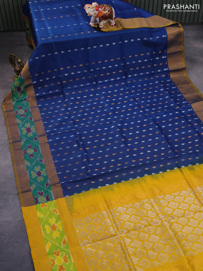 Pure uppada silk saree peacock blue and mustard yellow with silver & gold zari woven tilak buttas and rettapet zari woven ikat style border