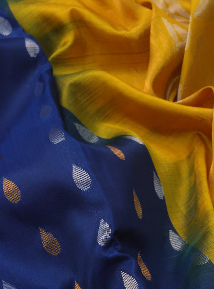 Pure uppada silk saree peacock blue and mustard yellow with silver & gold zari woven tilak buttas and rettapet zari woven ikat style border