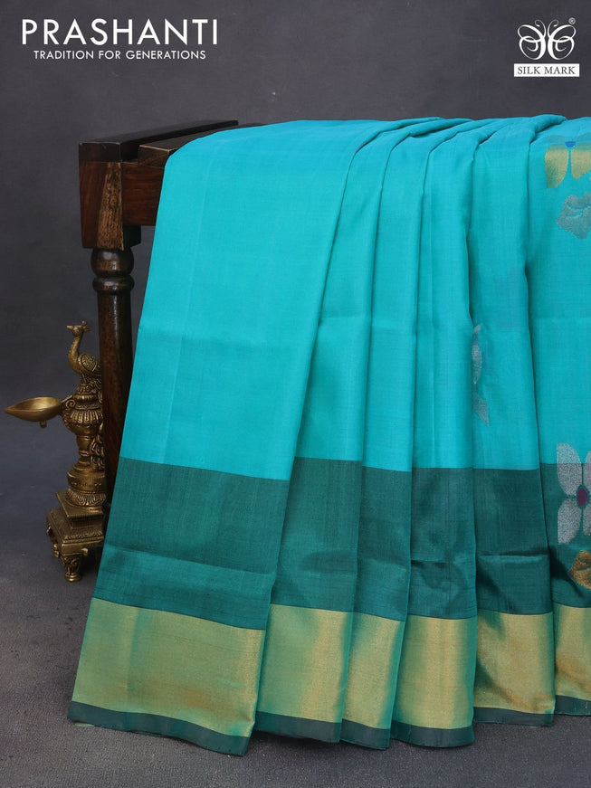 Pure uppada silk saree teal green and coffee brown with zari woven jamdhani buttas and zari woven border