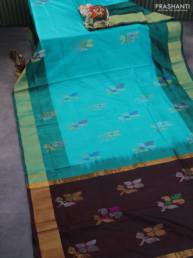 Pure uppada silk saree teal green and coffee brown with zari woven jamdhani buttas and zari woven border