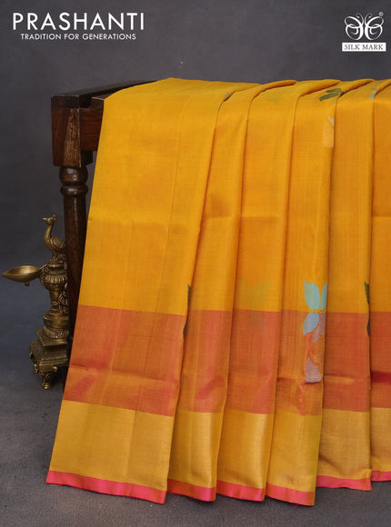 Pure uppada silk saree mustard yellow and pink with zari woven jamdhani buttas and zari woven border