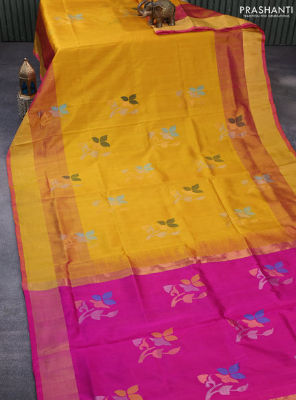 Pure uppada silk saree mustard yellow and pink with zari woven jamdhani buttas and zari woven border