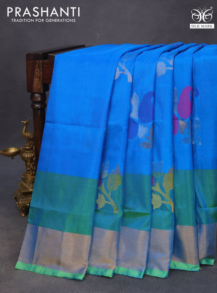 Pure uppada silk saree cs blue and light green with zari woven jamdhani buttas and zari woven border