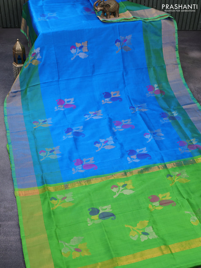 Pure uppada silk saree cs blue and light green with zari woven jamdhani buttas and zari woven border