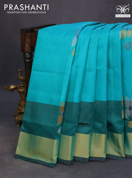 Pure uppada silk saree teal green and coffee brown with zari woven jamdhani buttas and zari woven border