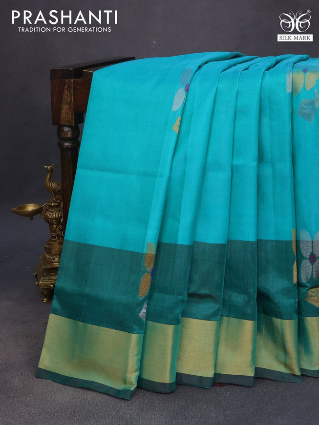 Pure uppada silk saree teal green and coffee brown with zari woven jamdhani buttas and zari woven border