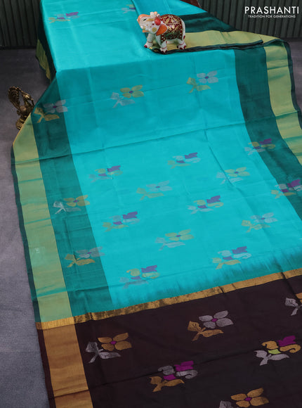 Pure uppada silk saree teal green and coffee brown with zari woven jamdhani buttas and zari woven border