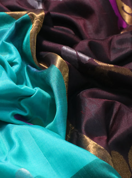 Pure uppada silk saree teal green and coffee brown with zari woven jamdhani buttas and zari woven border