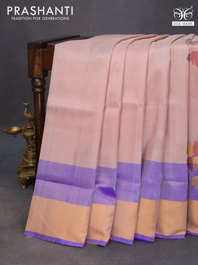 Pure uppada silk saree peach shade and blue with zari woven jamdhani buttas and zari woven border