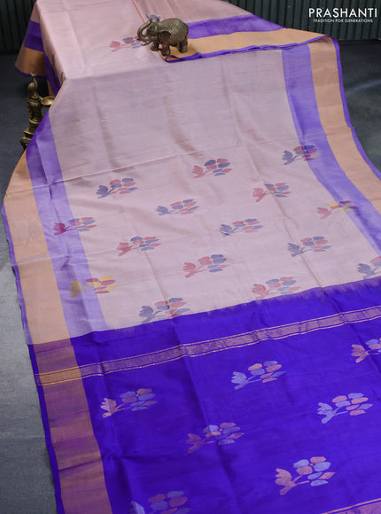 Pure uppada silk saree peach shade and blue with zari woven jamdhani buttas and zari woven border