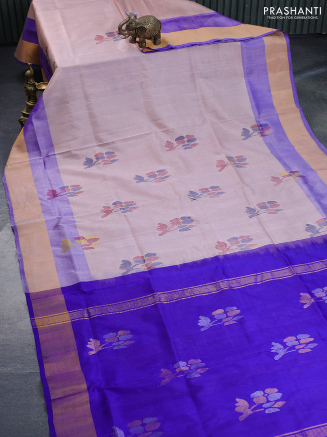 Pure uppada silk saree peach shade and blue with zari woven jamdhani buttas and zari woven border