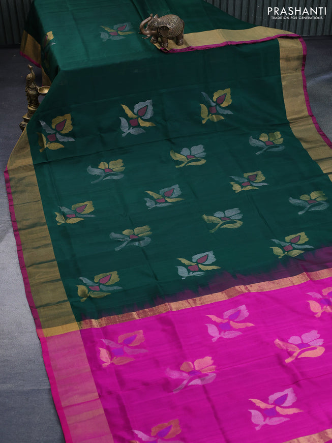 Pure uppada silk saree green and pink with zari woven jamdhani buttas and zari woven border