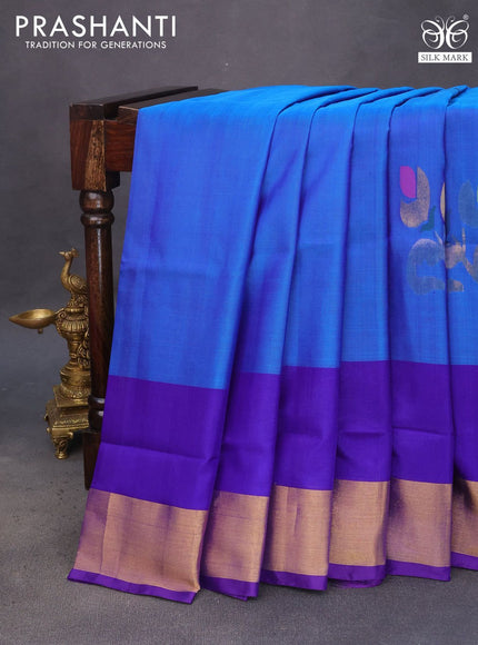 Pure uppada silk saree teal blue and blue with zari woven jamdhani buttas and zari woven border