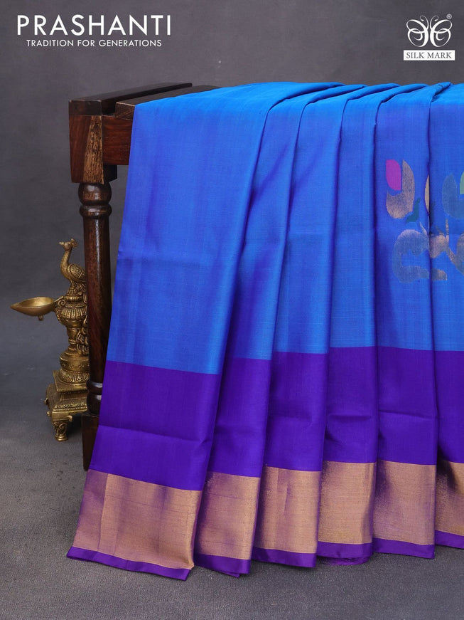 Pure uppada silk saree teal blue and blue with zari woven jamdhani buttas and zari woven border