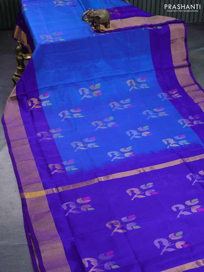 Pure uppada silk saree teal blue and blue with zari woven jamdhani buttas and zari woven border