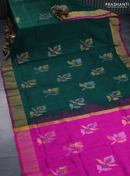 Pure uppada silk saree green and pink with zari woven jamdhani buttas and zari woven border