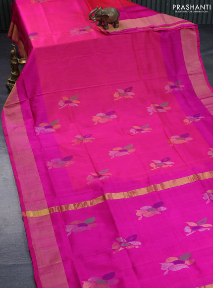 Pure uppada silk saree dual shade of pinkish orange and pink with zari woven jamdhani buttas and zari woven border