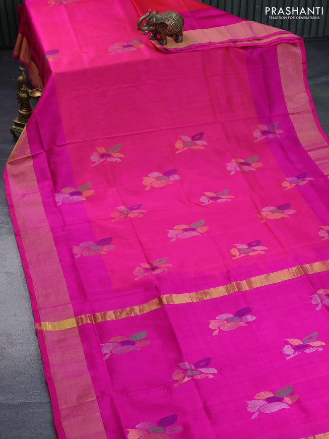 Pure uppada silk saree dual shade of pinkish orange and pink with zari woven jamdhani buttas and zari woven border