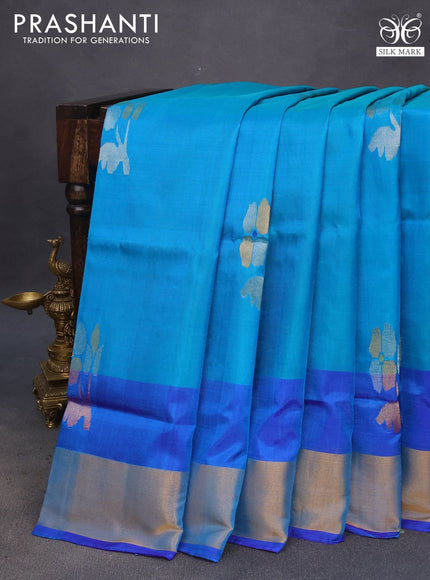 Pure uppada silk saree teal blue and cs blue with zari woven jamdhani buttas and zari woven border