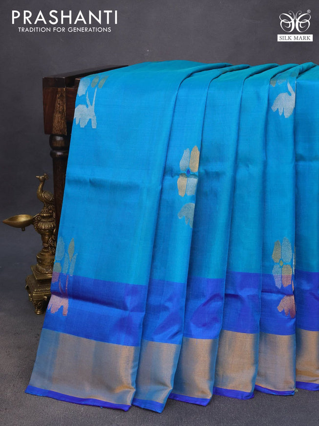 Pure uppada silk saree teal blue and cs blue with zari woven jamdhani buttas and zari woven border