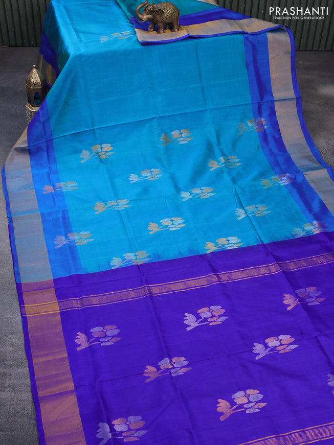 Pure uppada silk saree teal blue and cs blue with zari woven jamdhani buttas and zari woven border