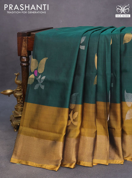 Pure uppada silk saree green and mustard yellow with zari woven jamdhani buttas and zari woven border