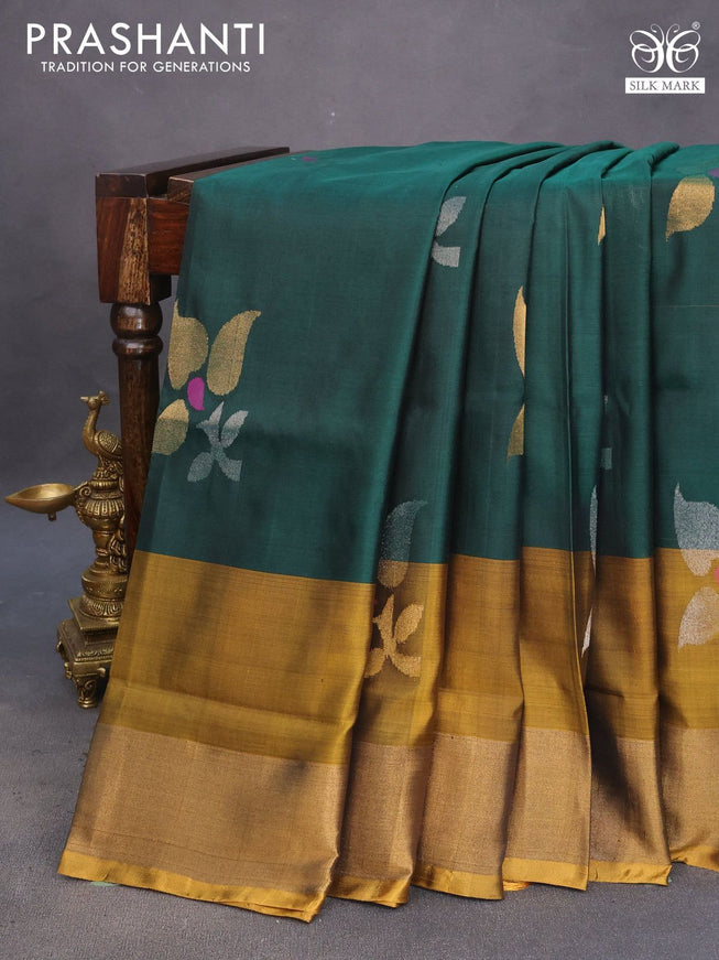 Pure uppada silk saree green and mustard yellow with zari woven jamdhani buttas and zari woven border