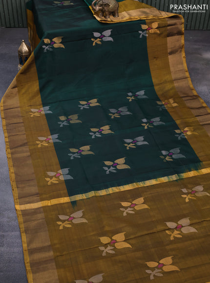 Pure uppada silk saree green and mustard yellow with zari woven jamdhani buttas and zari woven border