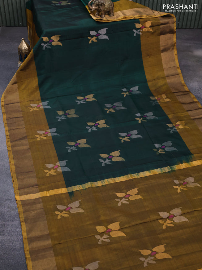 Pure uppada silk saree green and mustard yellow with zari woven jamdhani buttas and zari woven border