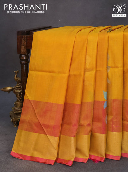 Pure uppada silk saree mustard yellow and pink with zari woven jamdhani buttas and zari woven border