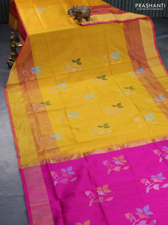 Pure uppada silk saree mustard yellow and pink with zari woven jamdhani buttas and zari woven border