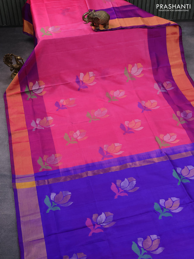 Pure uppada silk saree pink and blue with zari woven jamdhani buttas and zari woven border