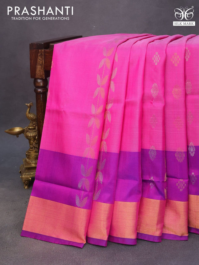 Pure uppada silk saree pink and blue with allover silver & gold zari weaves and zari woven border