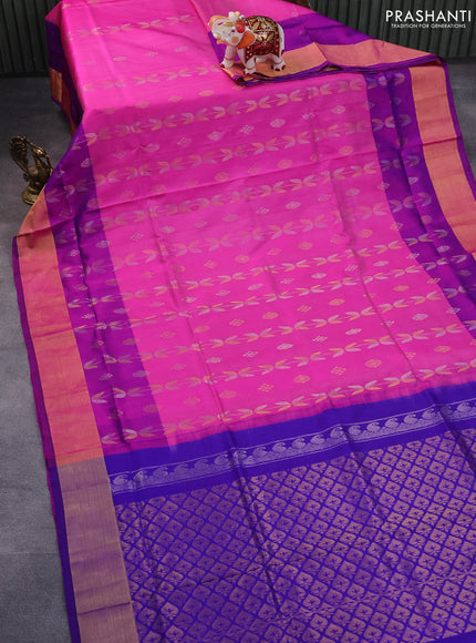 Pure uppada silk saree pink and blue with allover silver & gold zari weaves and zari woven border