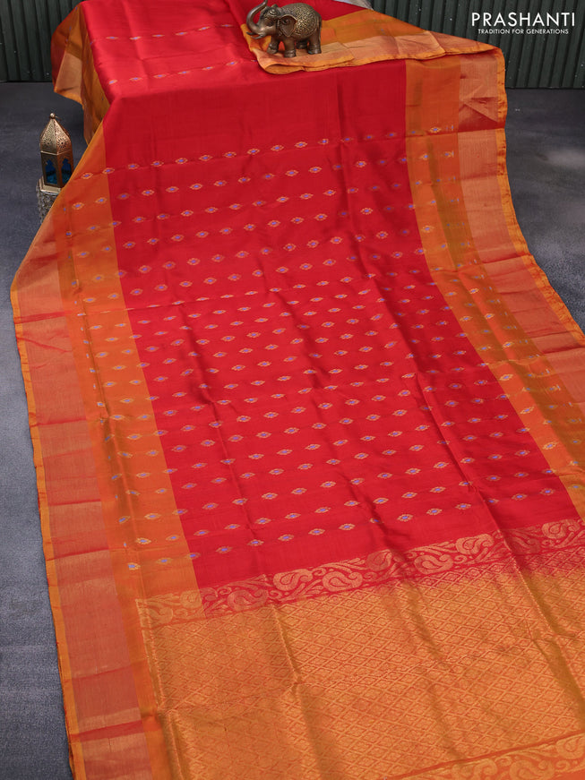 Pure uppada silk saree red and dual shade of mustard with zari woven buttas and zari woven border