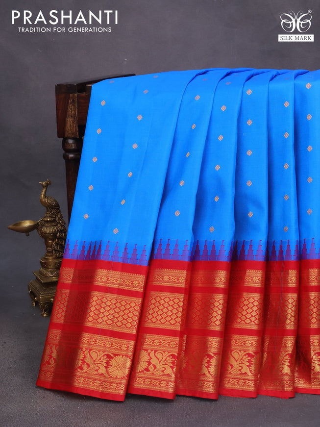 Pure gadwal silk saree cs blue and red with zari woven buttas and temple deisgn zari woven border