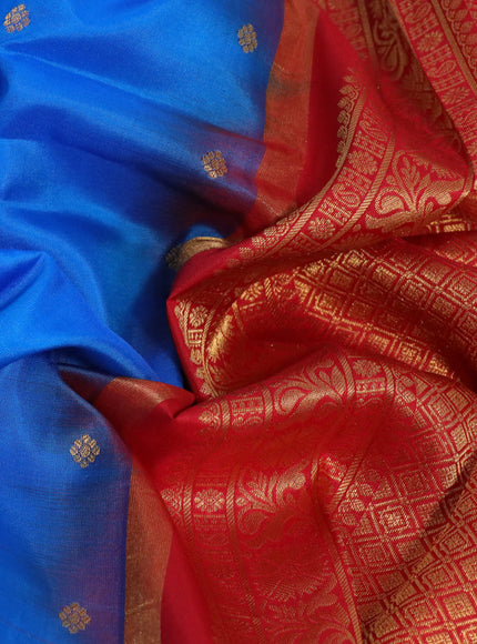 Pure gadwal silk saree cs blue and red with zari woven buttas and temple deisgn zari woven border