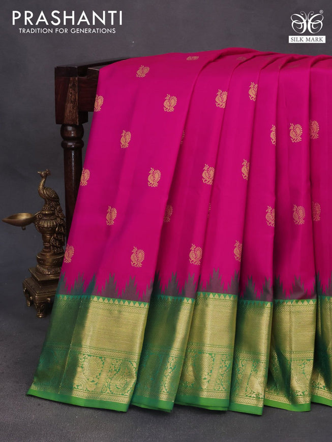 Pure gadwal silk saree pink and green with annam zari woven buttas and temple deisgn zari woven border