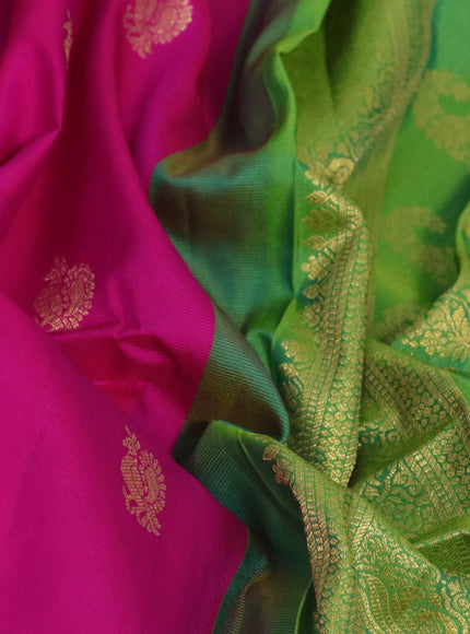 Pure gadwal silk saree pink and green with annam zari woven buttas and temple deisgn zari woven border