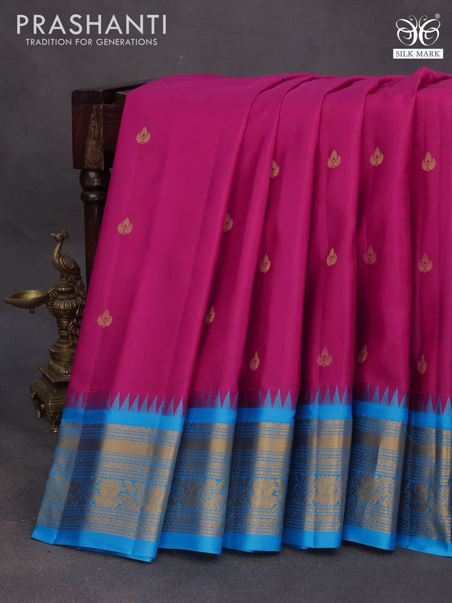 Pure gadwal silk saree pink and cs blue with zari woven buttas and temple deisgn zari woven border