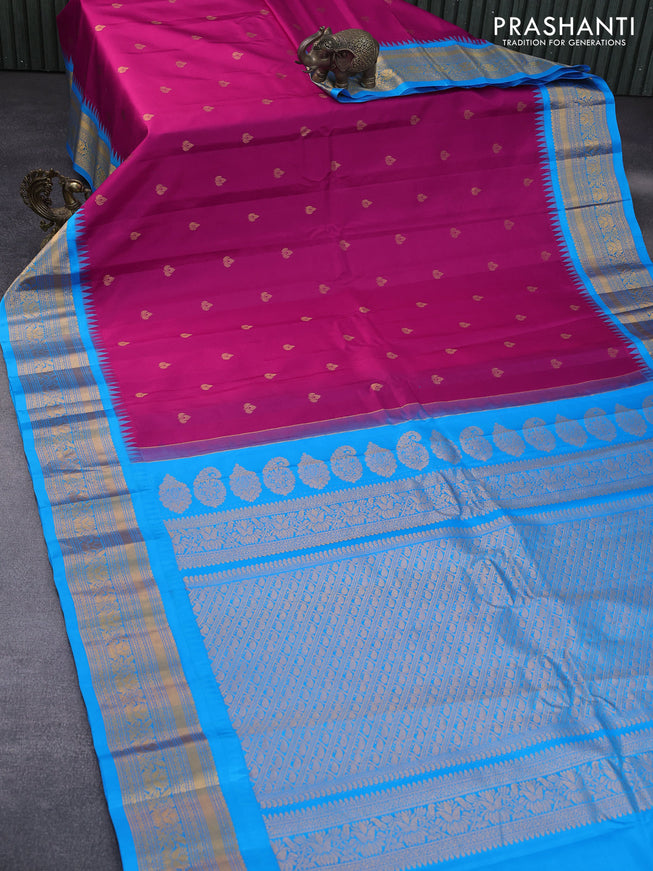 Pure gadwal silk saree pink and cs blue with zari woven buttas and temple deisgn zari woven border