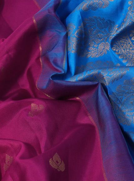 Pure gadwal silk saree pink and cs blue with zari woven buttas and temple deisgn zari woven border