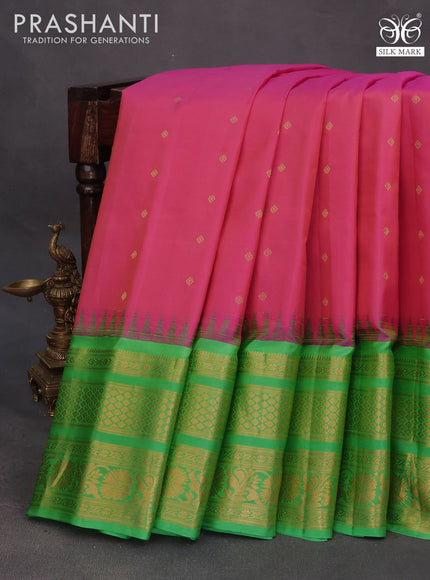 Pure gadwal silk saree dual shade of pink and light green with zari woven buttas and temple deisgn zari woven border