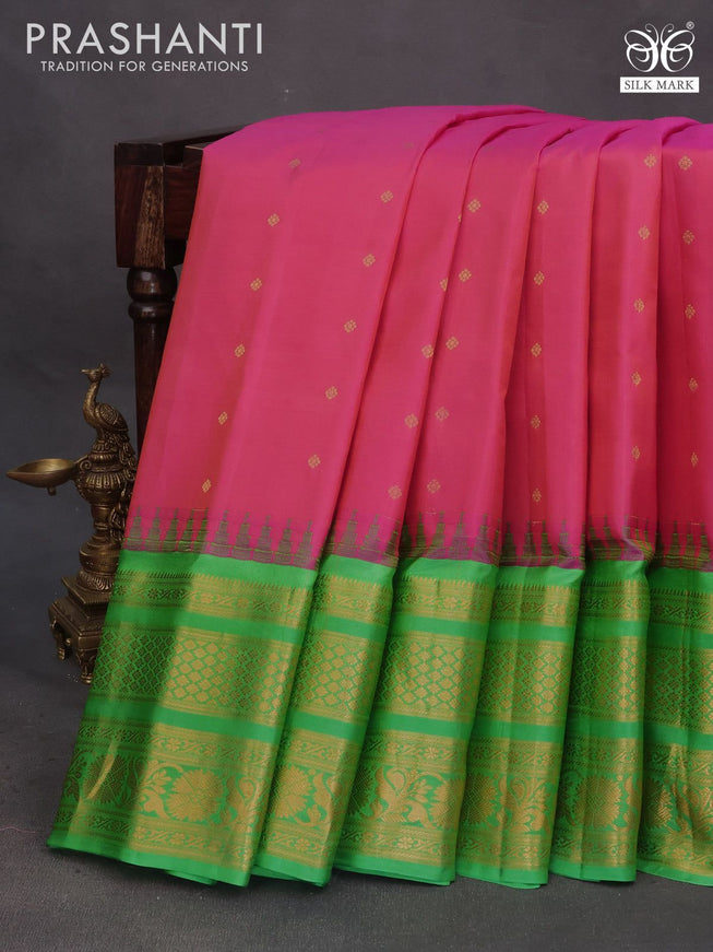 Pure gadwal silk saree dual shade of pink and light green with zari woven buttas and temple deisgn zari woven border